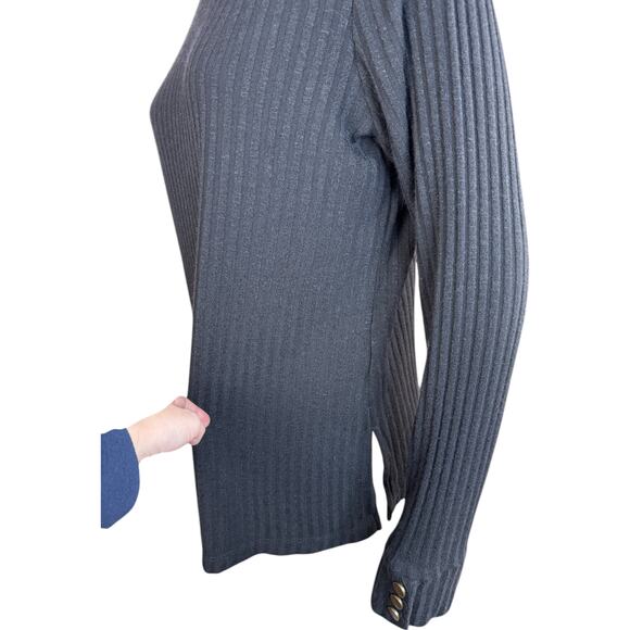Susan Graver Rib Knit Mock Neck Long Sleeve Top with Button Detail Black Large - Picture 8 of 11